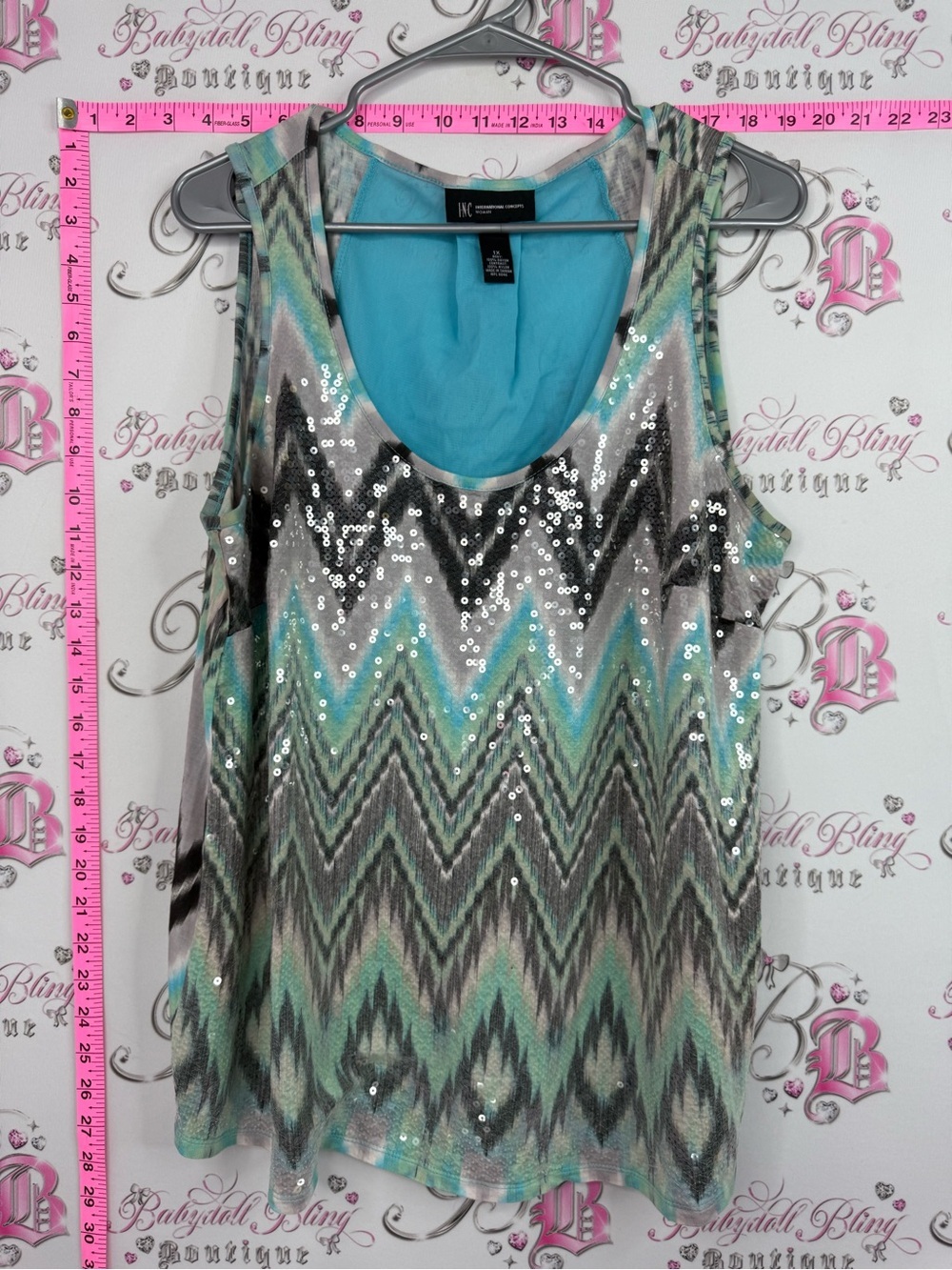INC International Concepts sparkly Mint, Gray & Aqua Chevron Sequin Tank Top